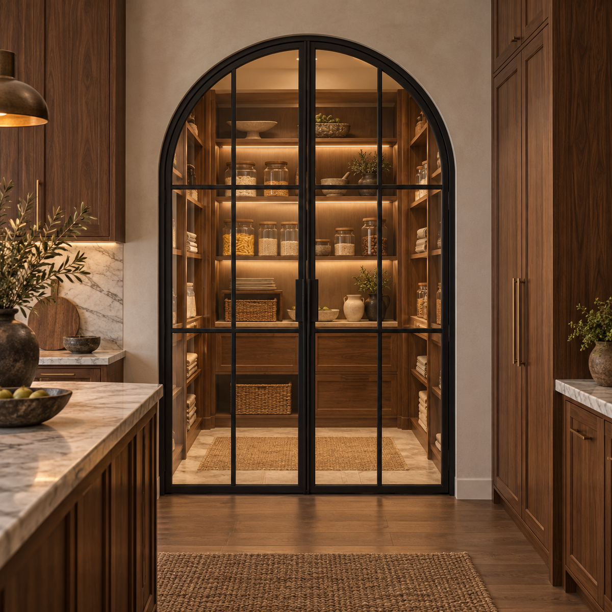 6-Lite Full-Arch Double Steel Pantry Door leading into an illuminated walnut pantry — lifestyle visualization