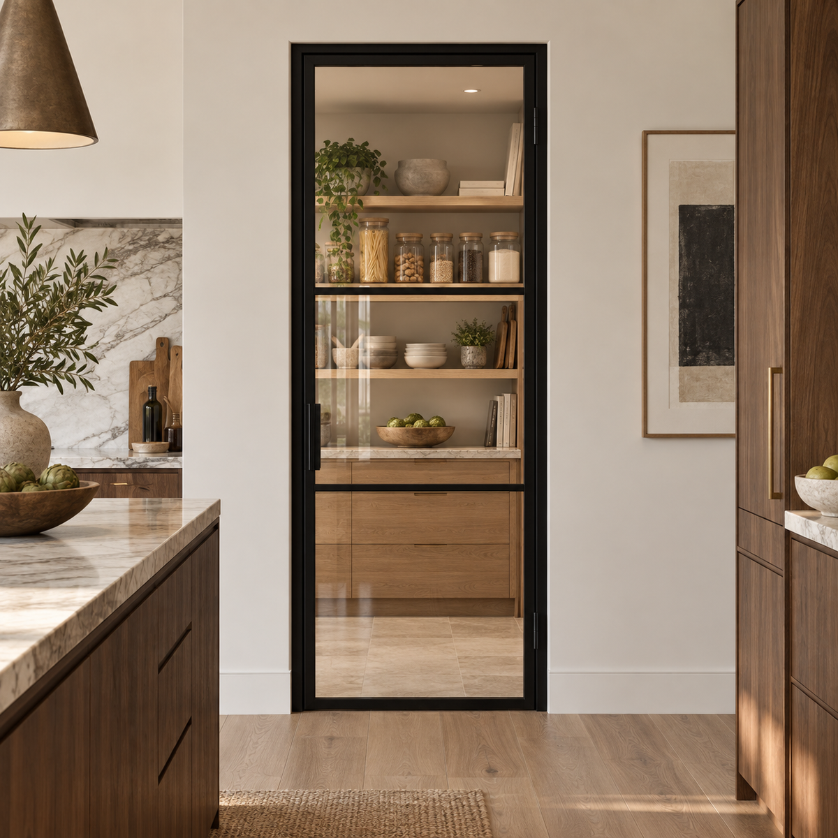Black three-lite steel door leading into an oak butler's pantry beside a walnut kitchen — lifestyle visualization
