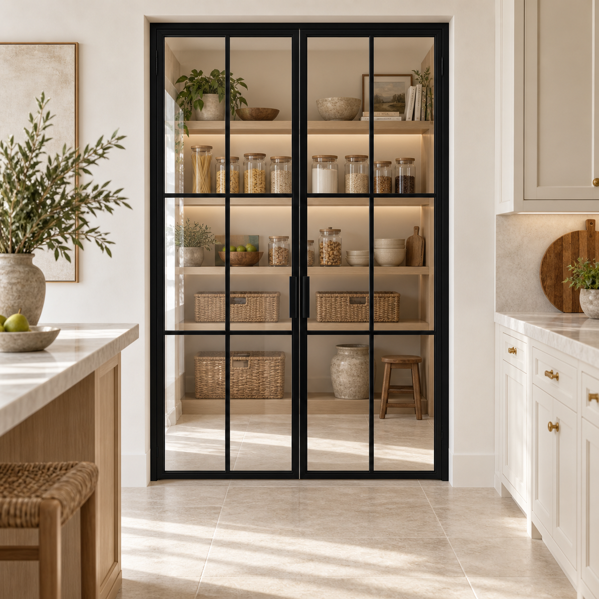 Black 6-lite double steel pantry door leading from a cream kitchen into a shelved pantry — lifestyle visualization