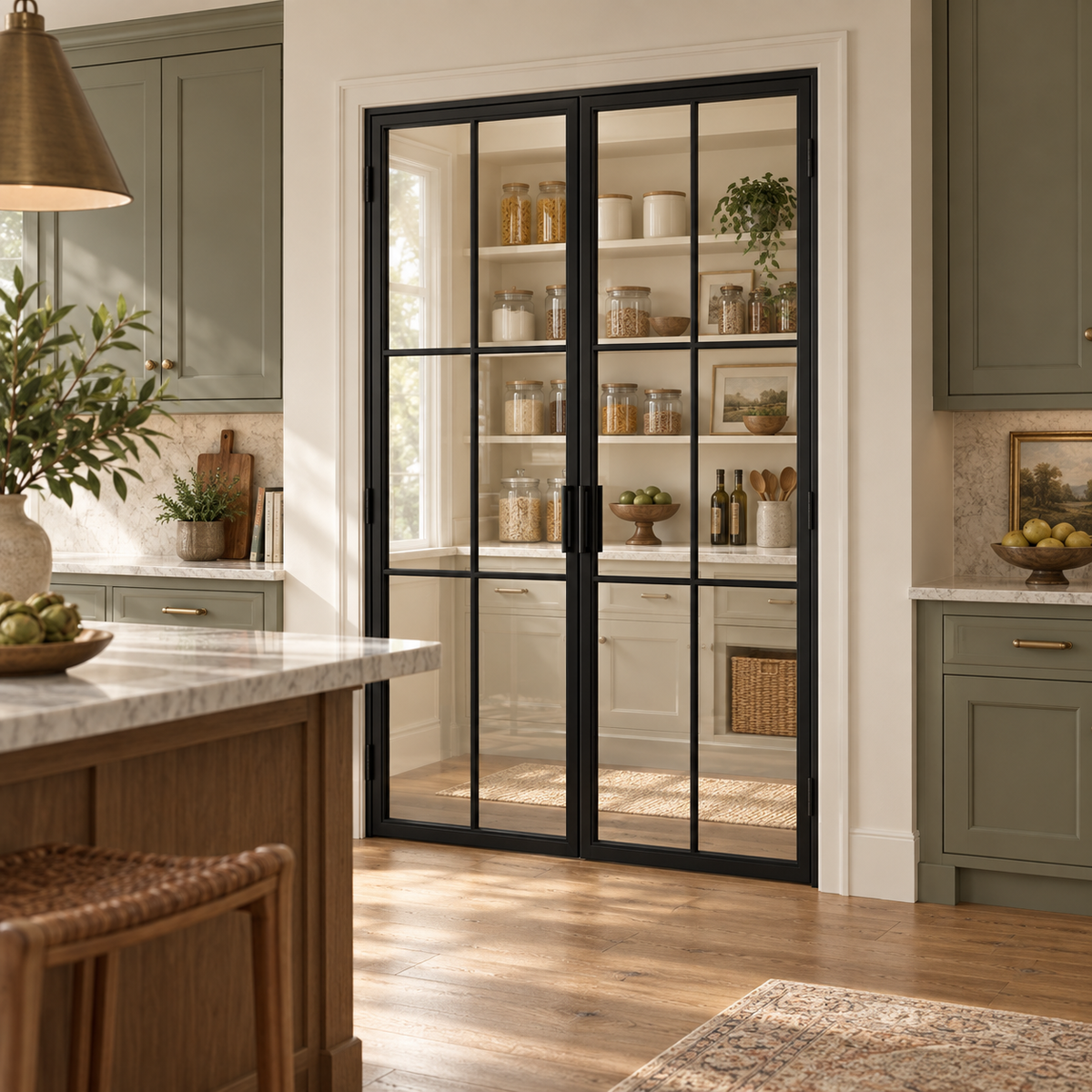 Black 6-lite double steel pantry door leading from a sage kitchen into a bright pantry — lifestyle visualization