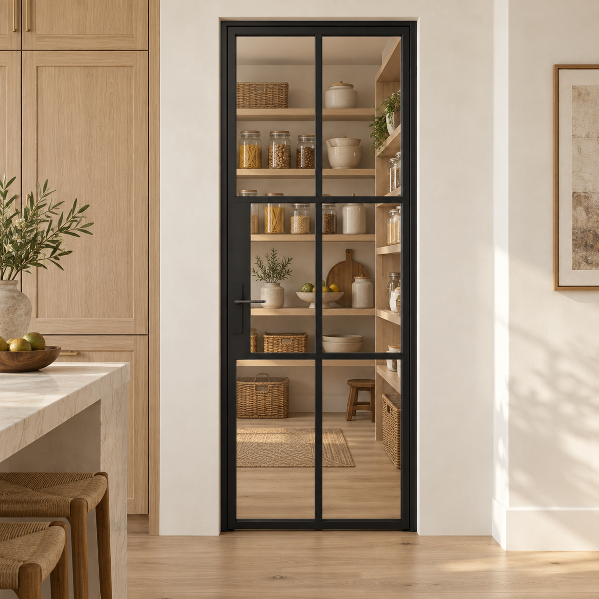6S Single Cold-Rolled Steel Pantry Door leading into an oak pantry from an ivory kitchen — product visualization