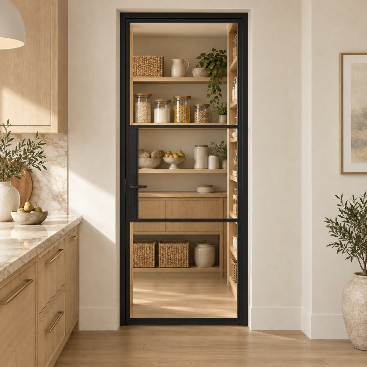 3S Single Cold-Rolled Steel Pantry Door leading into an oak pantry from an ivory kitchen — product visualization