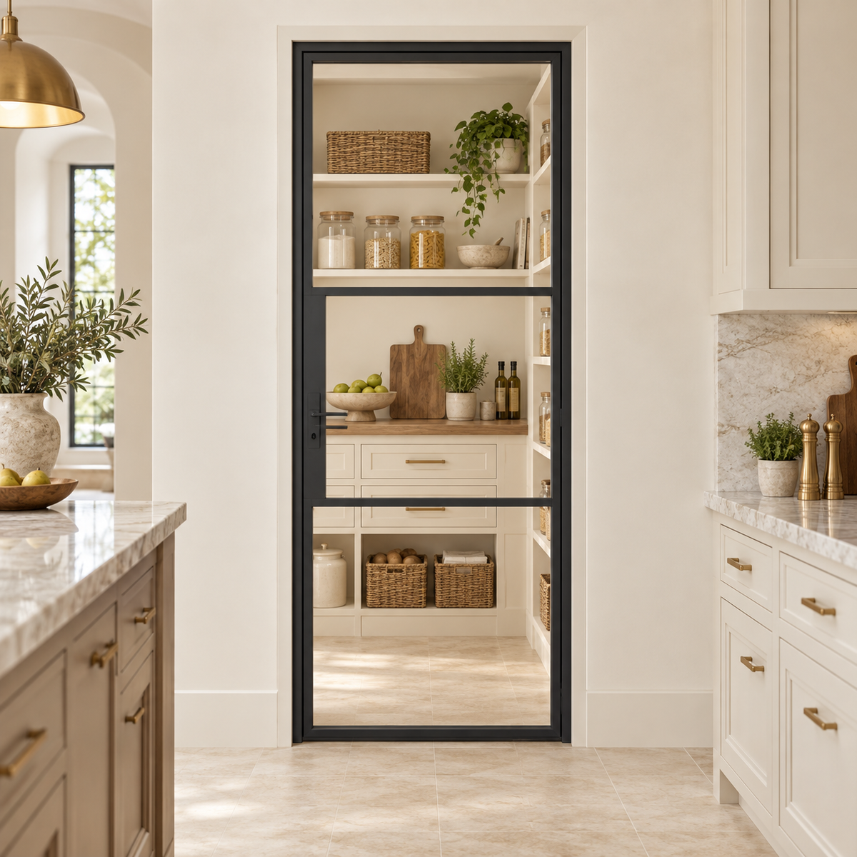 3S Single Cold-Rolled Steel Pantry Door leading into a cream pantry from a limestone kitchen — product visualization