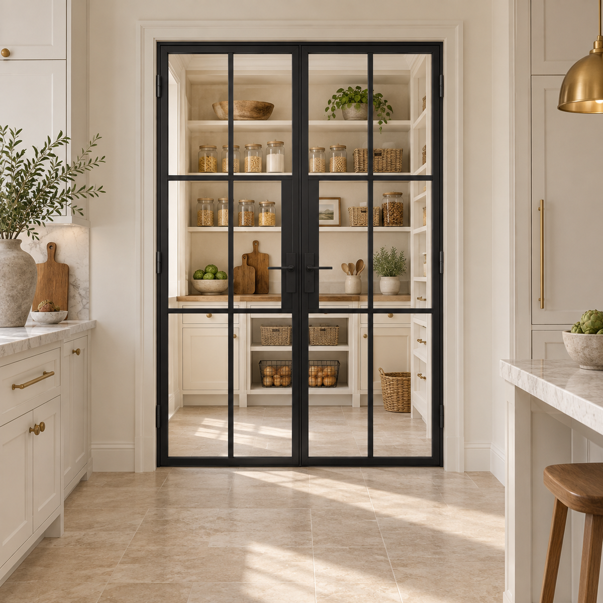 6S Double Cold-Rolled Steel Pantry Door leading into a cream pantry from a limestone kitchen — product visualization