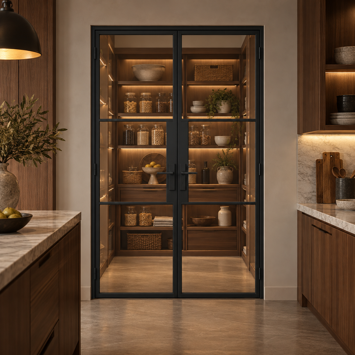 3S Double Cold-Rolled Steel Pantry Door leading into an illuminated walnut pantry — product visualization