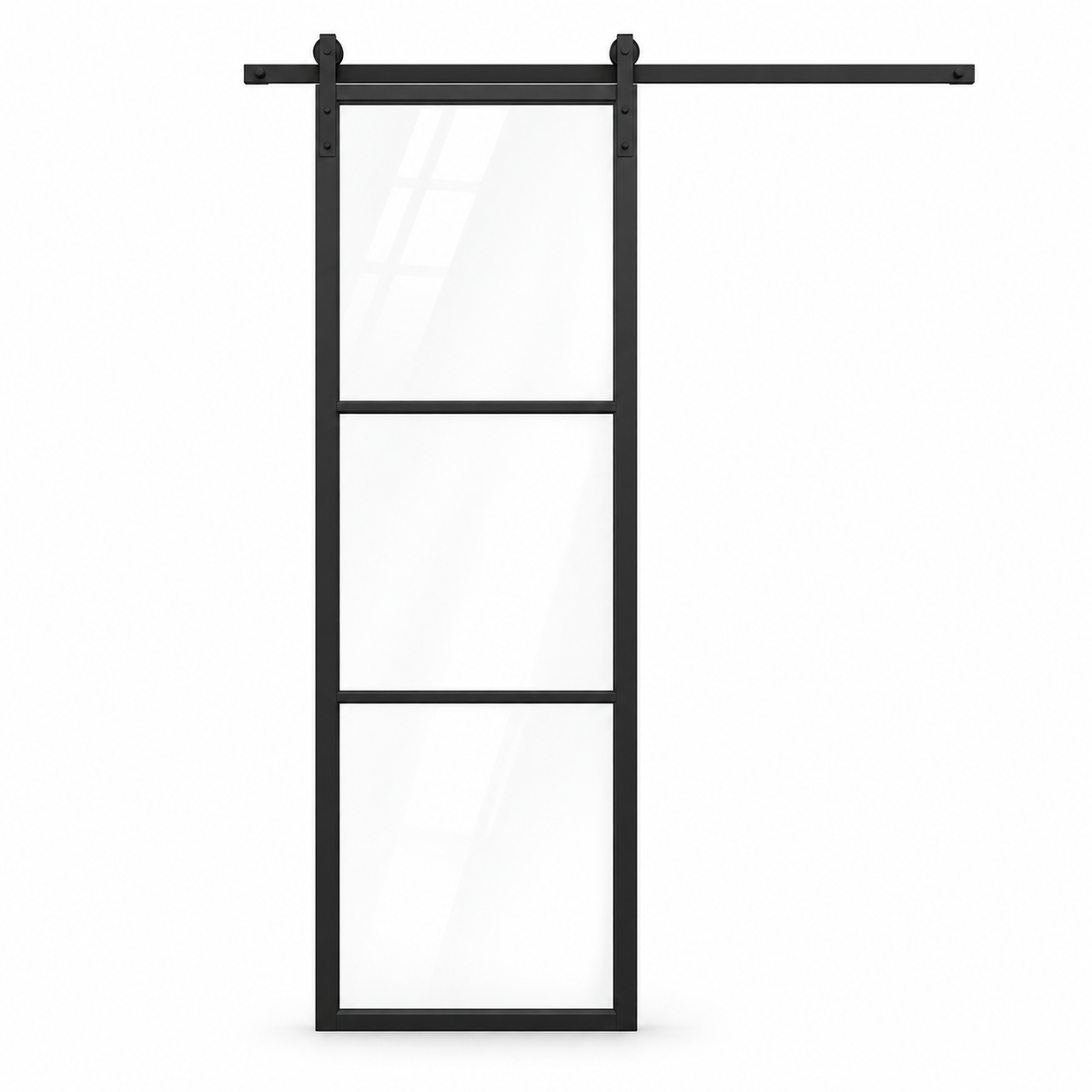 3-Lite Single Steel Barn Pantry Door with exposed sliding track on a white background — product visualization