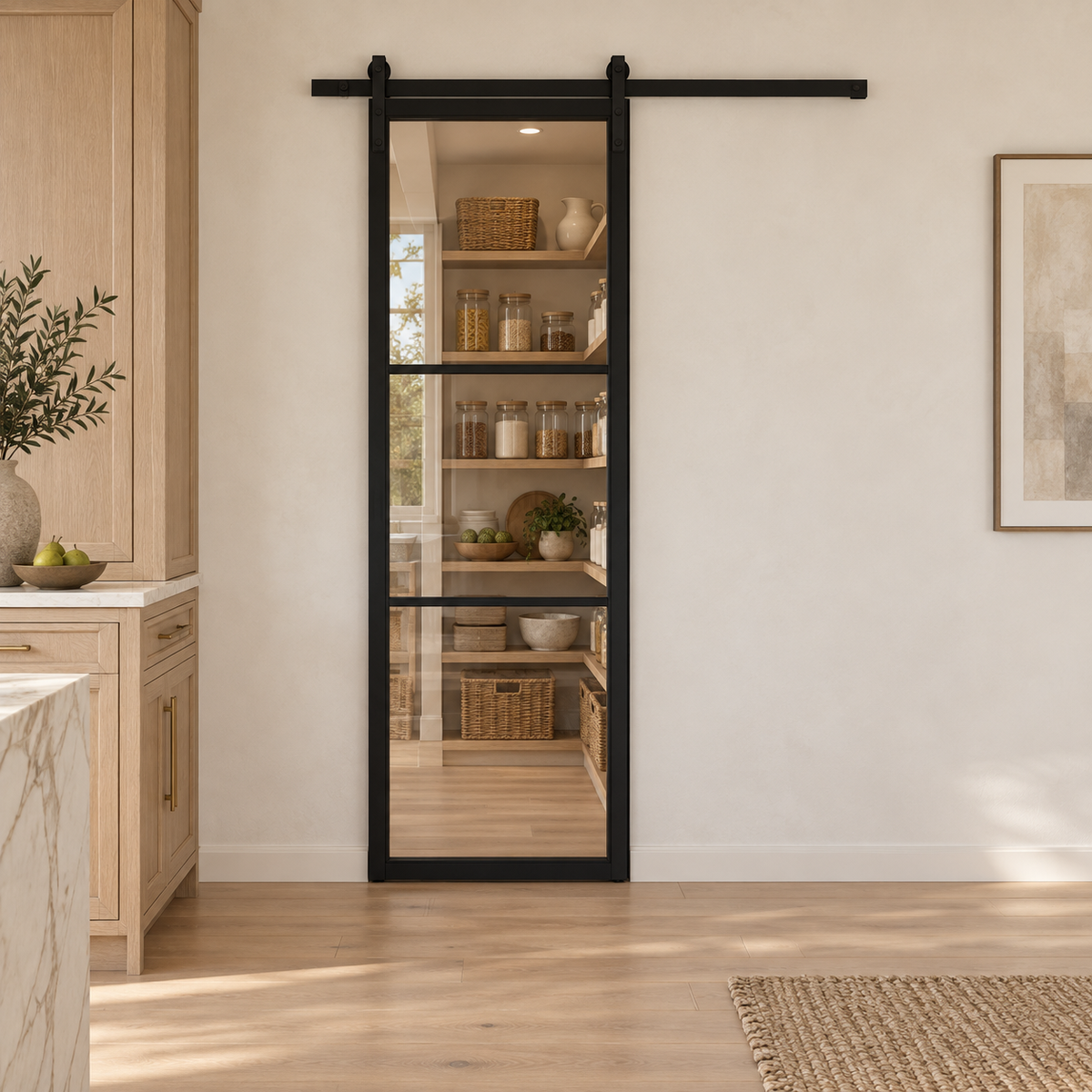 3-Lite Single Steel Barn Pantry Door leading into an oak pantry from an ivory kitchen — product visualization