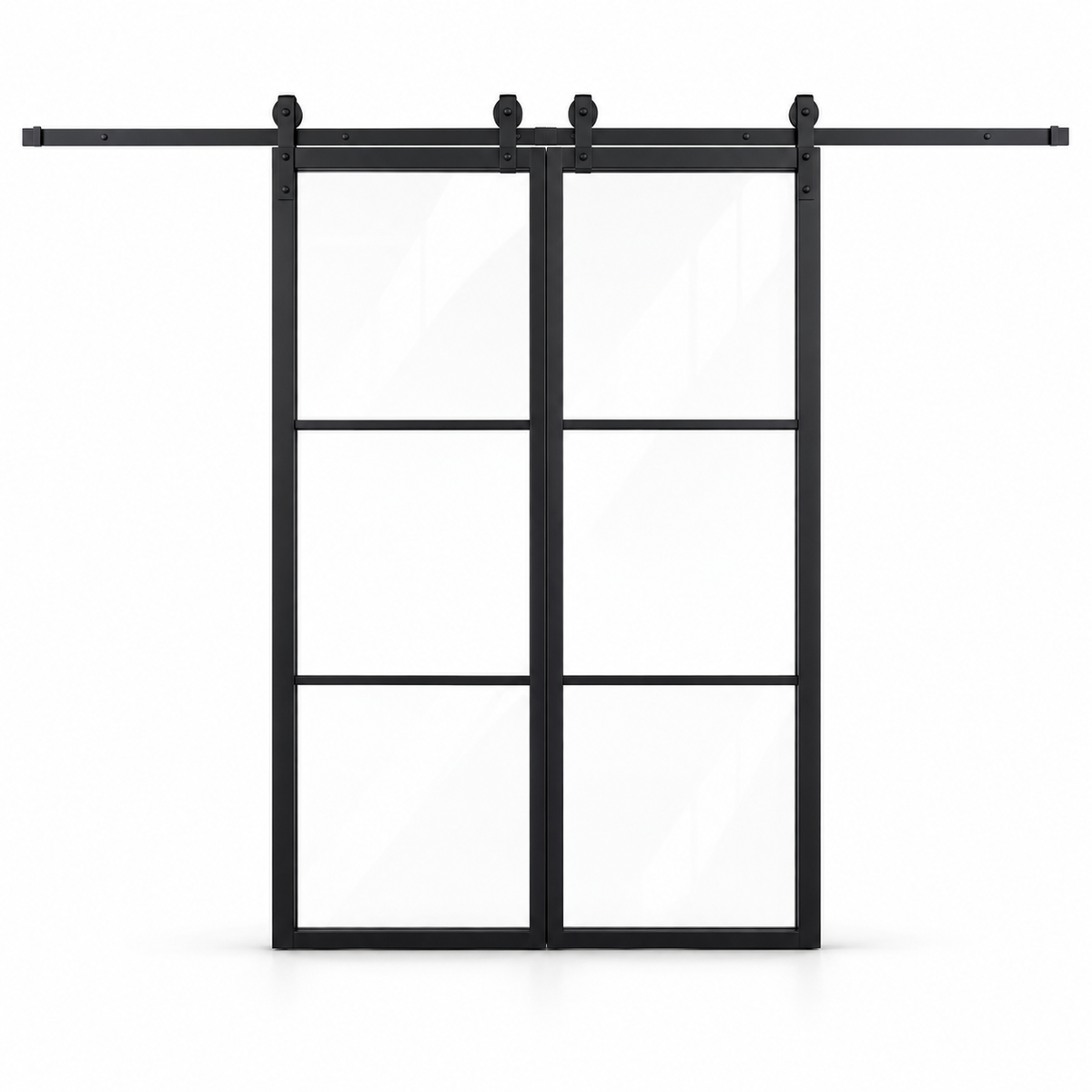 3-Lite Double Steel Barn Pantry Door with exposed sliding track on a white background — product visualization