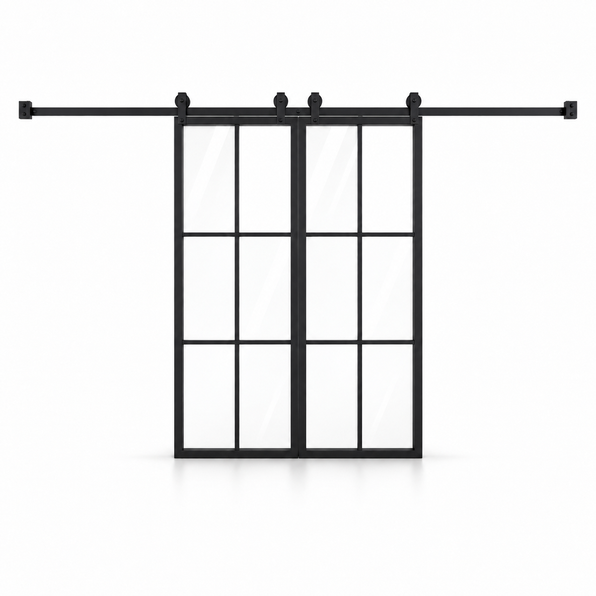 6-Lite Double Steel Barn Pantry Door with exposed sliding track on a white background — product visualization