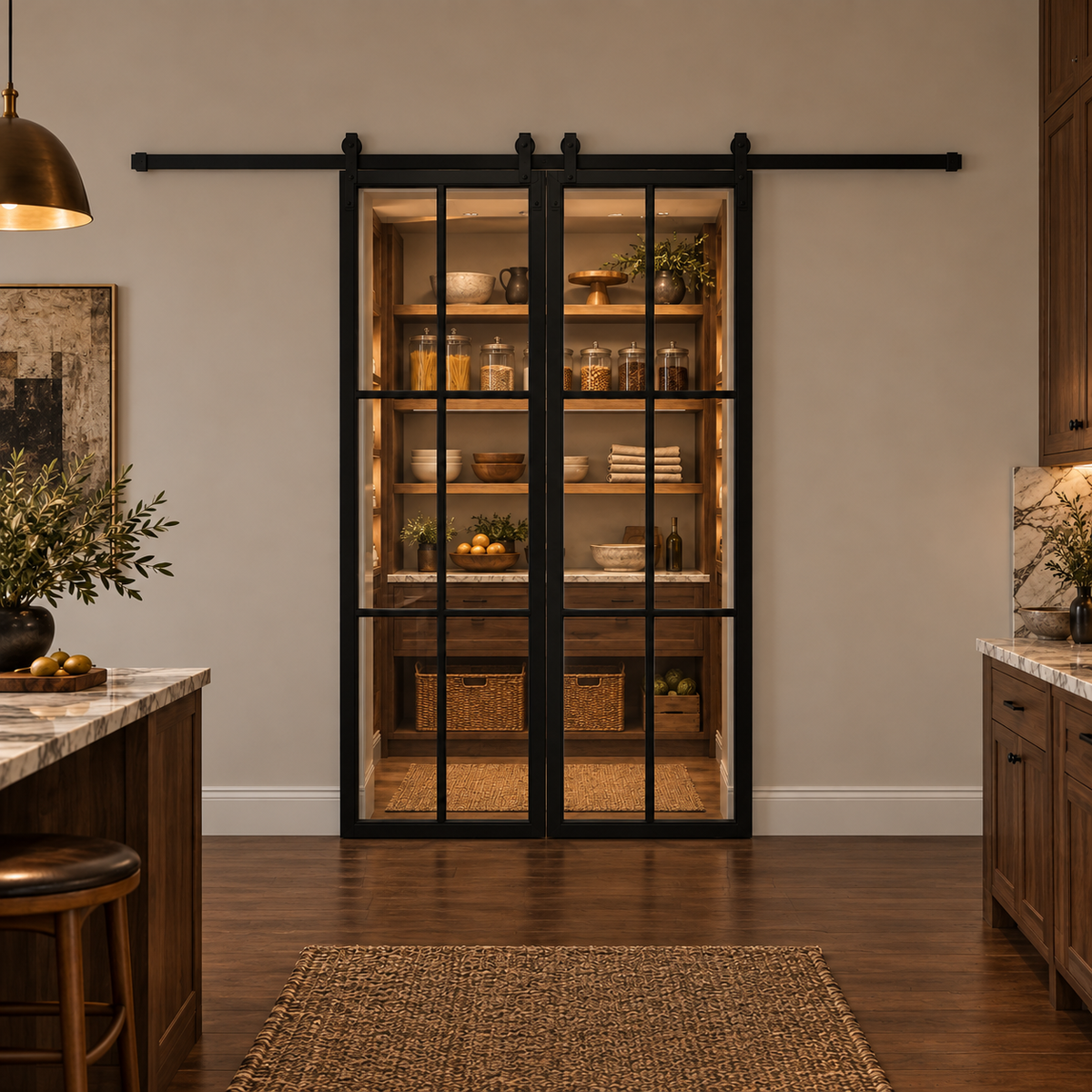 6-Lite Double Steel Barn Pantry Door leading into an illuminated walnut pantry — product visualization