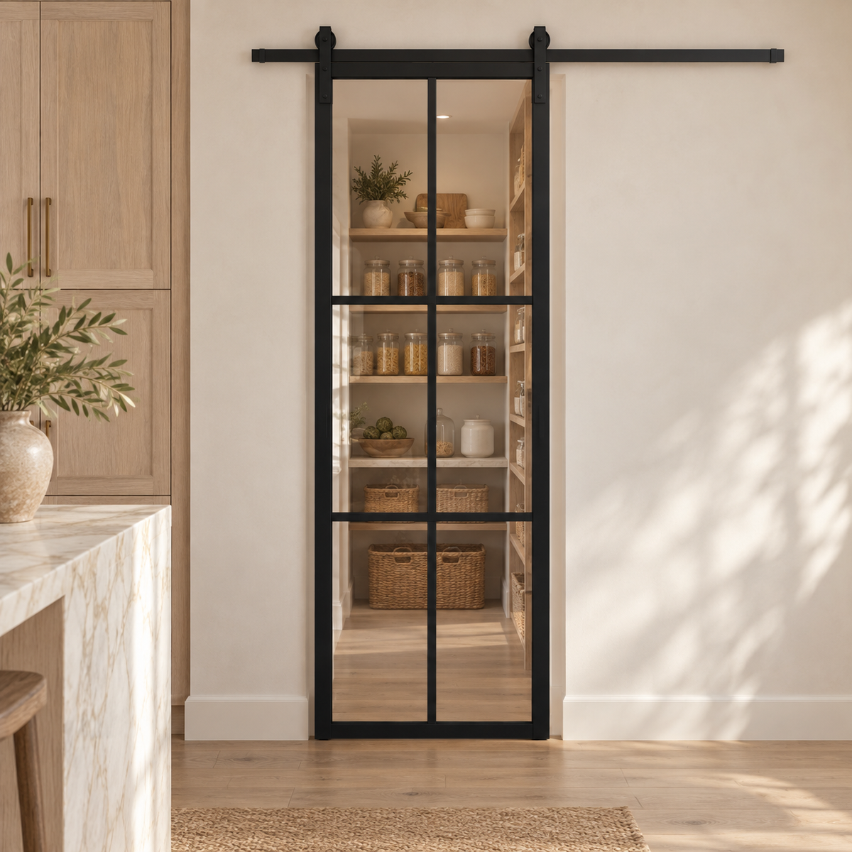 6-Lite Single Steel Barn Pantry Door leading into an oak pantry from an ivory kitchen — product visualization