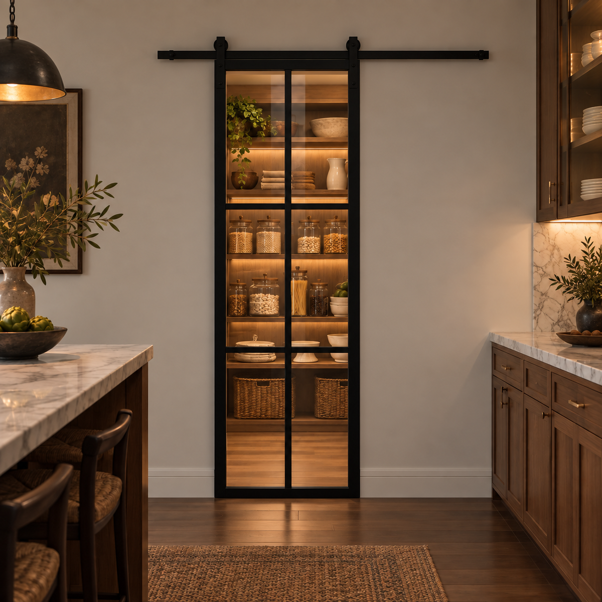 6-Lite Single Steel Barn Pantry Door leading into an illuminated walnut pantry — product visualization