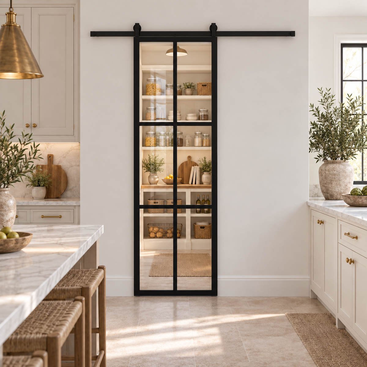 6-Lite Single Steel Barn Pantry Door leading into a cream pantry from a limestone kitchen — product visualization