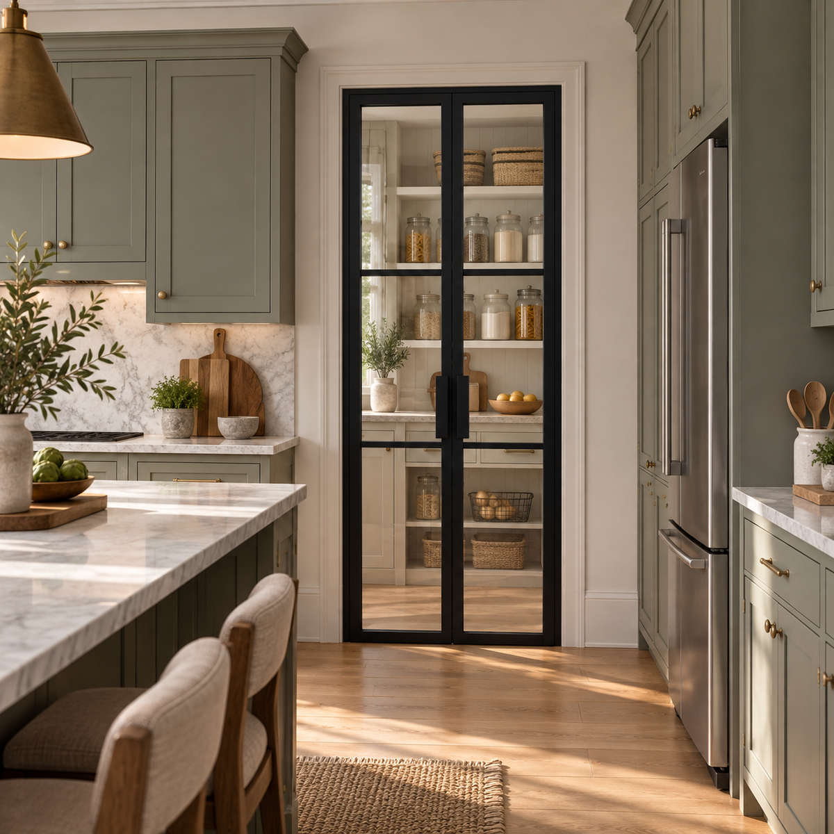 Black 3-lite double steel pantry door leading from a sage kitchen into a bright pantry — lifestyle visualization