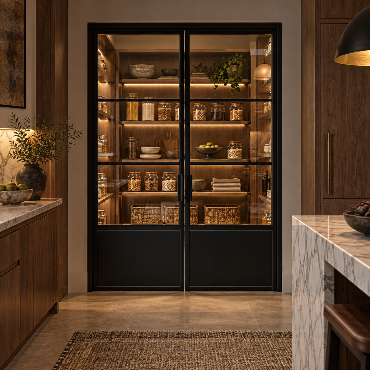 3-Lite Double Steel Pantry Door with Kickplate leading into a walnut pantry from a marble-trimmed kitchen — product visualization