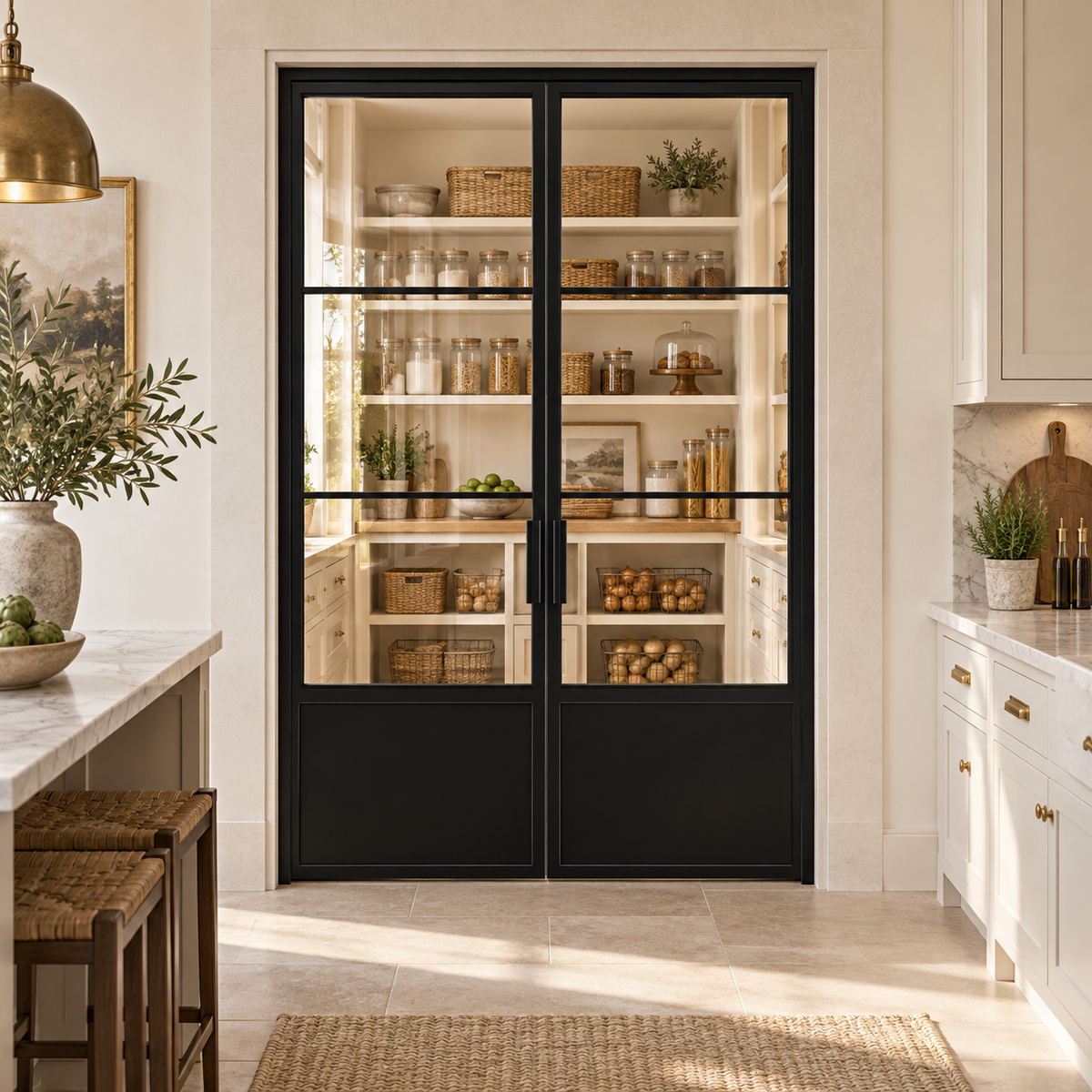 3-Lite Double Steel Pantry Door with Kickplate leading into a cream pantry from a limestone kitchen — product visualization