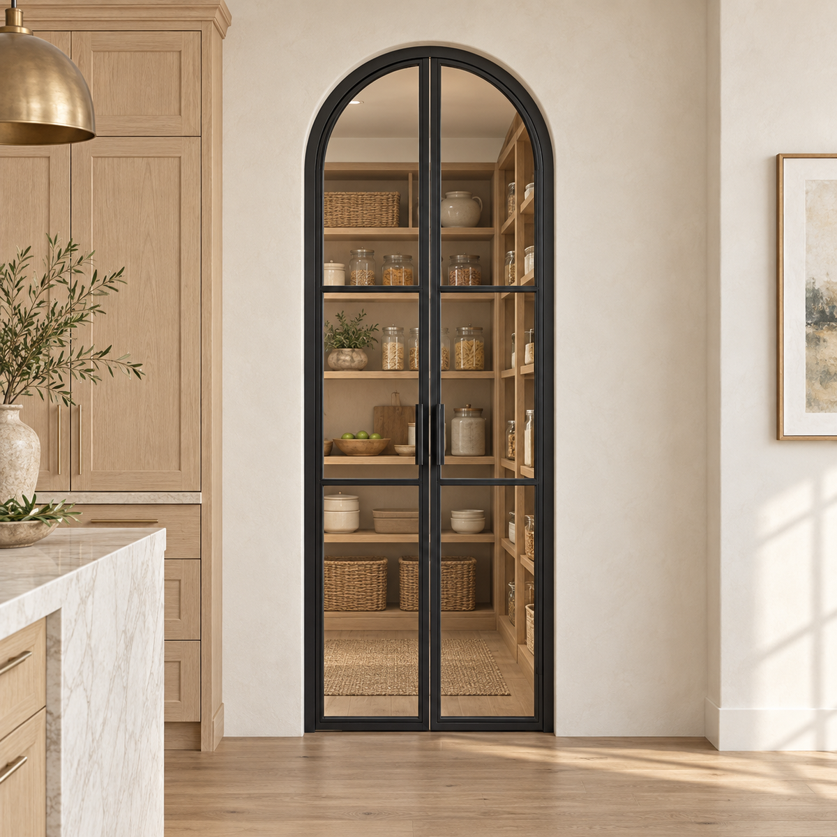 3-Lite Full-Arch Double Steel Pantry Door leading into an oak-shelved walk-in pantry from an ivory kitchen — lifestyle visualization