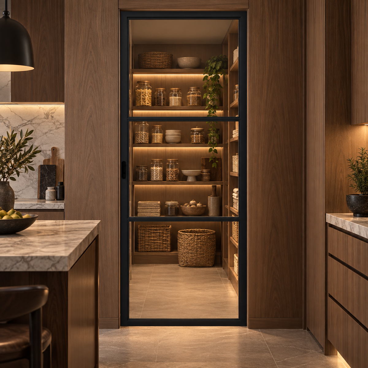 3-Lite Single Steel Pocket Pantry Door leading into a walnut pantry from a marble-trimmed kitchen — product visualization