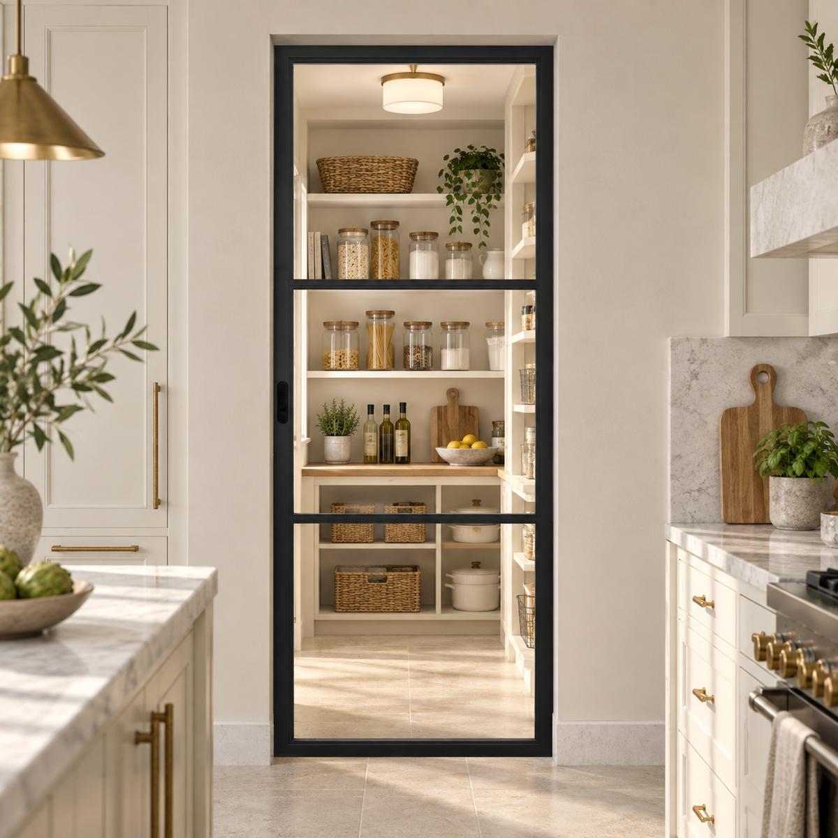 3-Lite Single Steel Pocket Pantry Door leading into a cream pantry from a limestone kitchen — product visualization