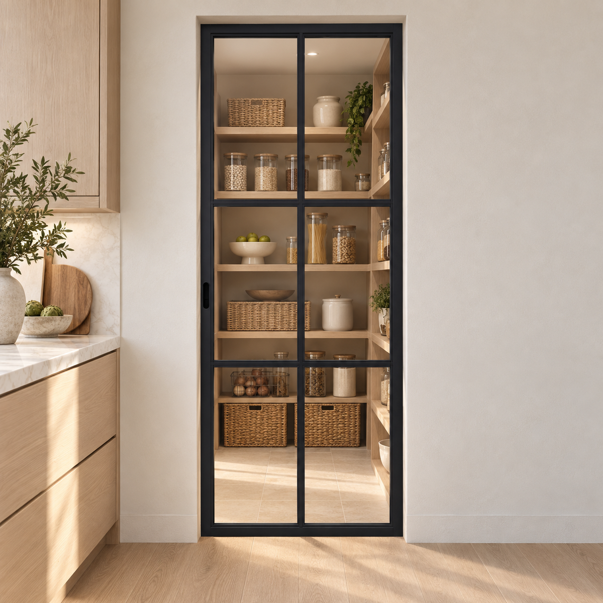 6-Lite Single Steel Pocket Pantry Door leading into an oak-shelved pantry from an ivory kitchen — product visualization