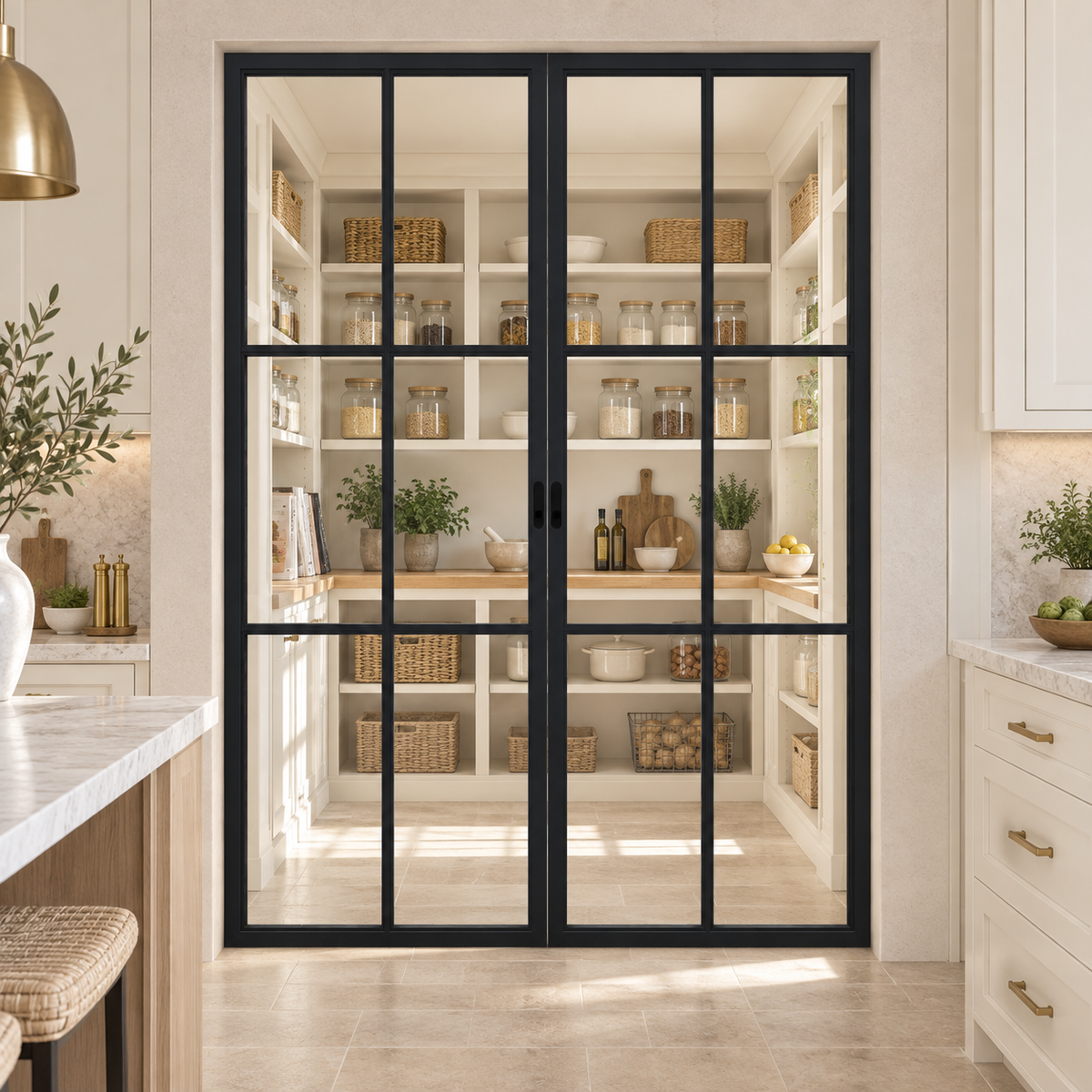 6-Lite Double Steel Pocket Pantry Door leading into a cream pantry from a limestone kitchen — product visualization