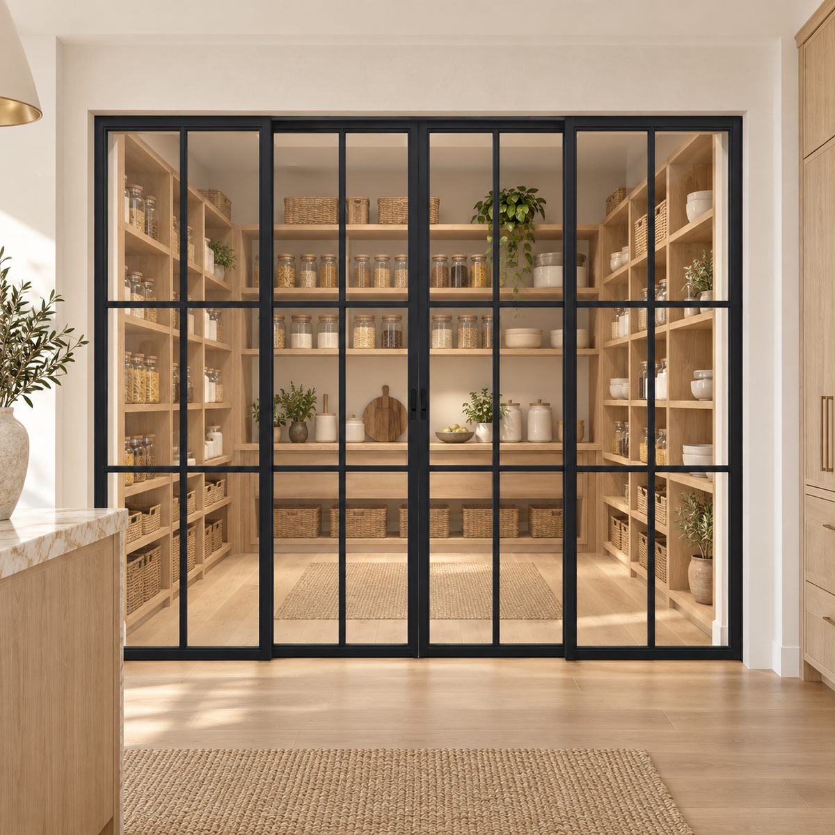 6-Lite Interior Steel Sliding Pantry Door leading into an oak pantry from an ivory kitchen — product visualization