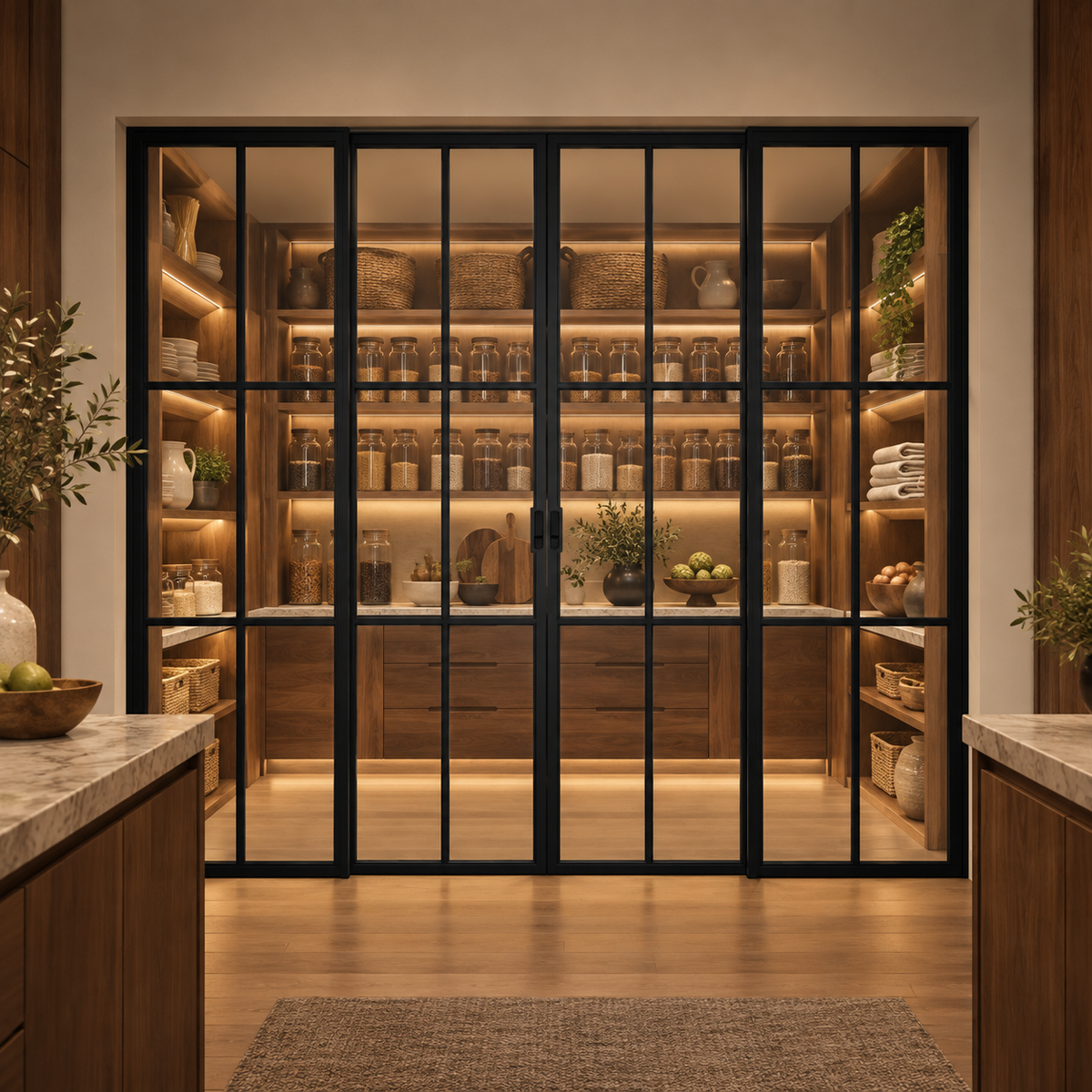 6-Lite Interior Steel Sliding Pantry Door leading into an illuminated walnut pantry — product visualization