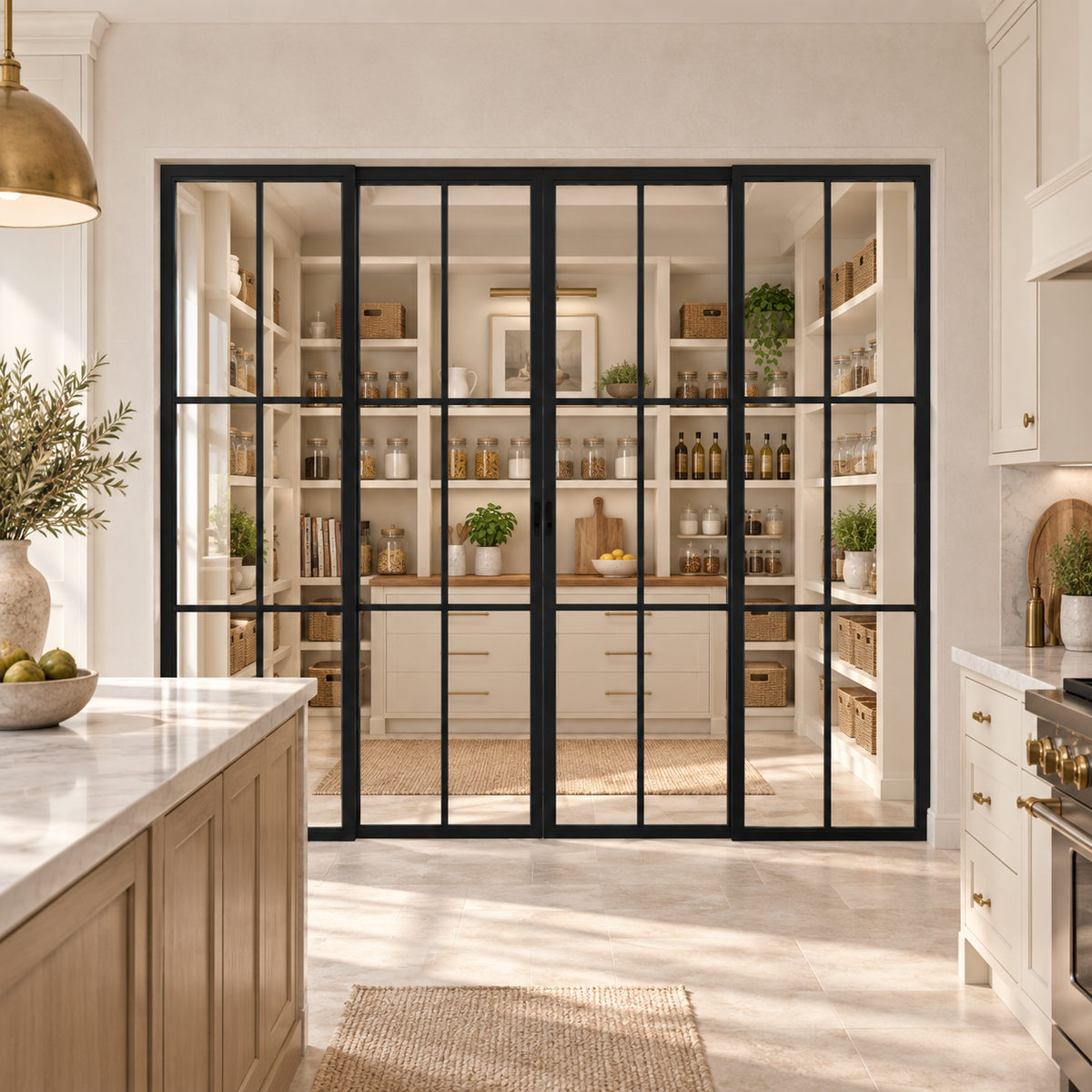 6-Lite Interior Steel Sliding Pantry Door leading into a cream pantry from a limestone kitchen — product visualization