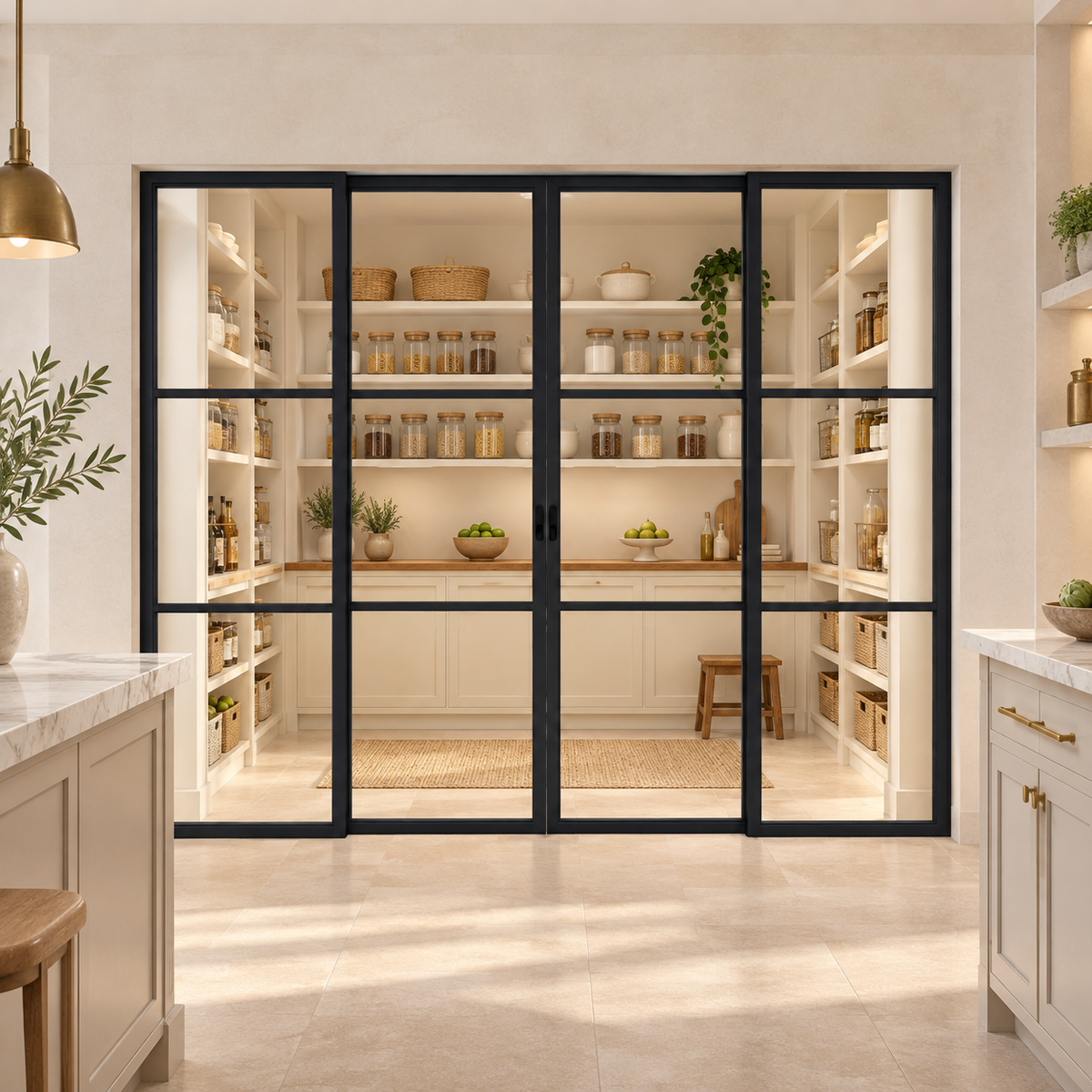 3-Lite Interior Steel Sliding Pantry Door leading into a cream pantry from a limestone kitchen — product visualization