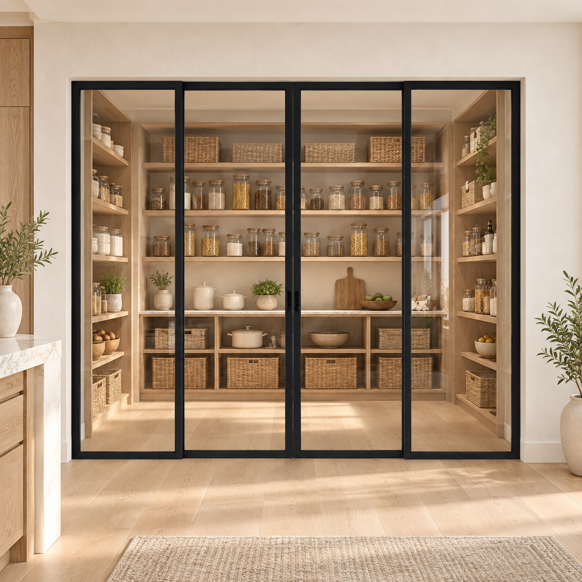 1-Lite Interior Steel Sliding Pantry Door leading into an oak pantry from an ivory kitchen — product visualization