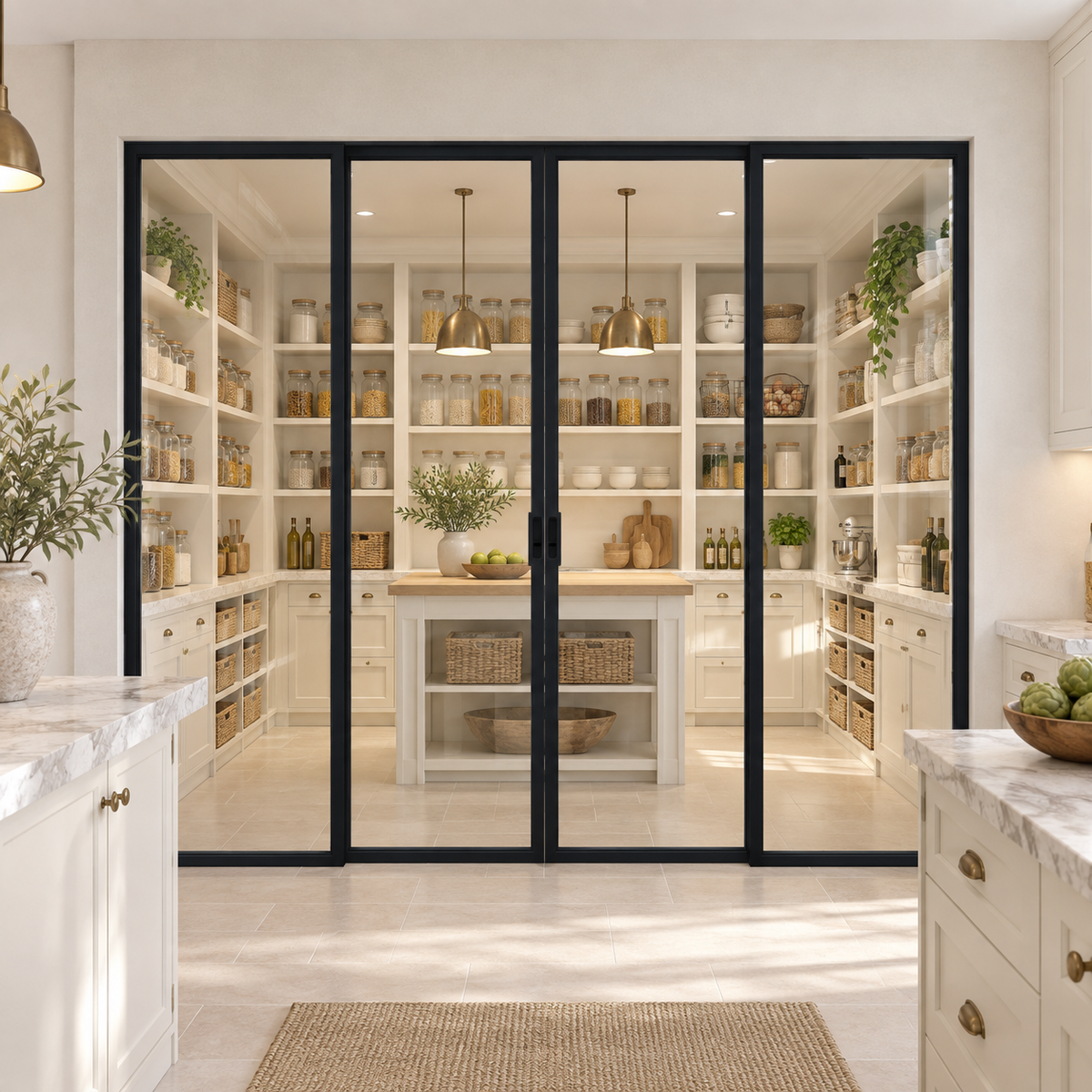 1-Lite Interior Steel Sliding Pantry Door leading into a cream pantry from a limestone kitchen — product visualization