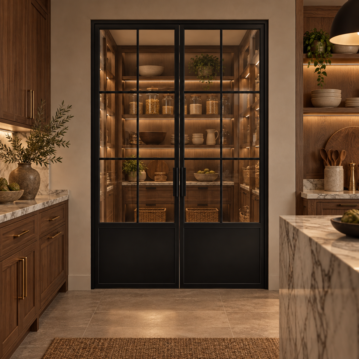 6-Lite Double Steel Pantry Door with Kickplate leading into a walnut pantry from a marble-trimmed kitchen — product visualization