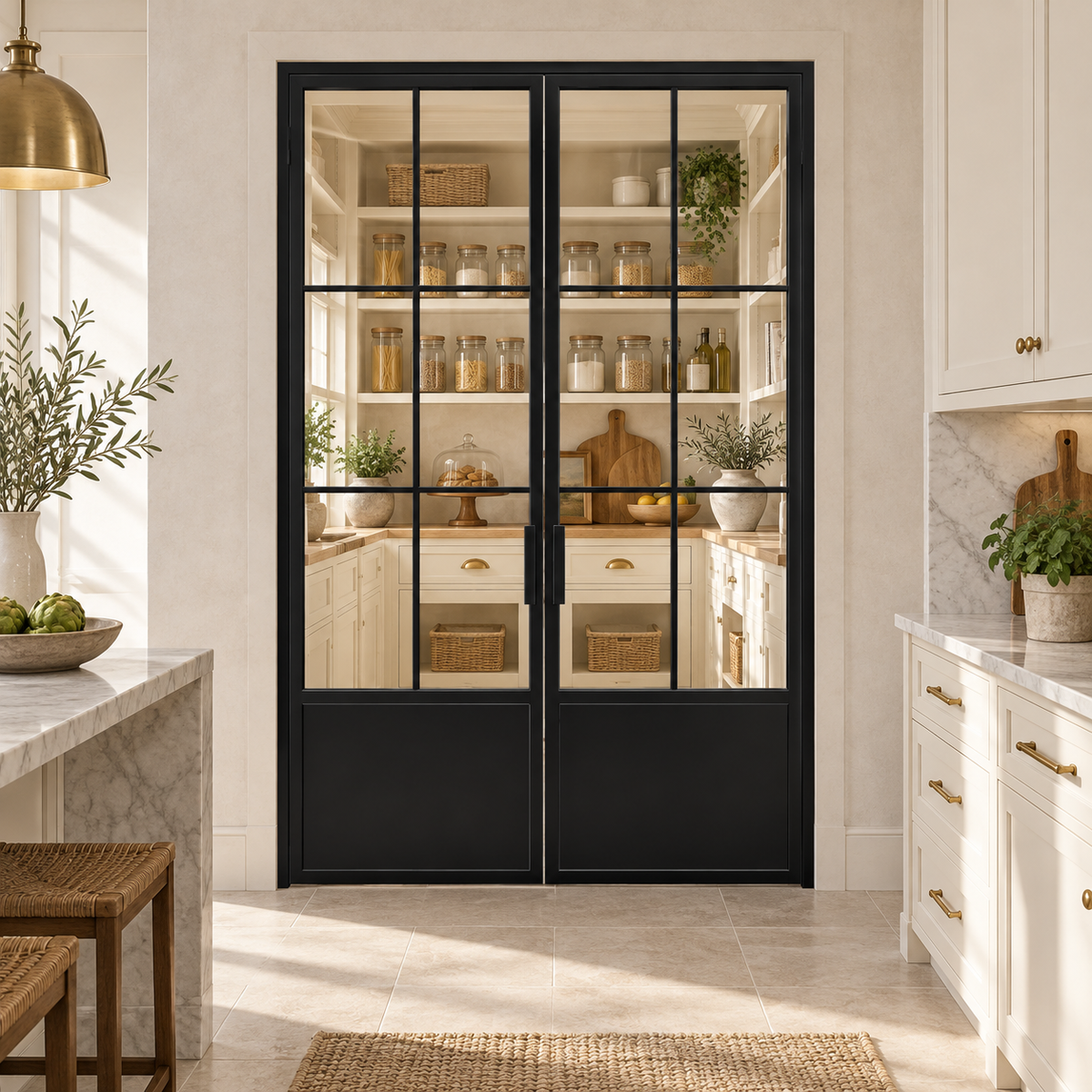 6-Lite Double Steel Pantry Door with Kickplate leading into a cream pantry from a limestone kitchen — product visualization