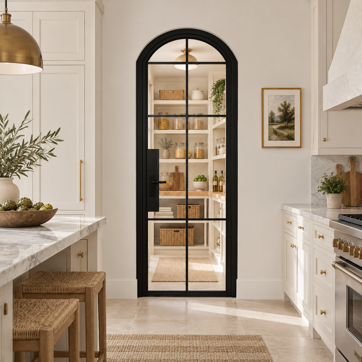 8 Lite Steel Pantry Arched Top French Door leading into a cream pantry from a limestone kitchen — product visualization