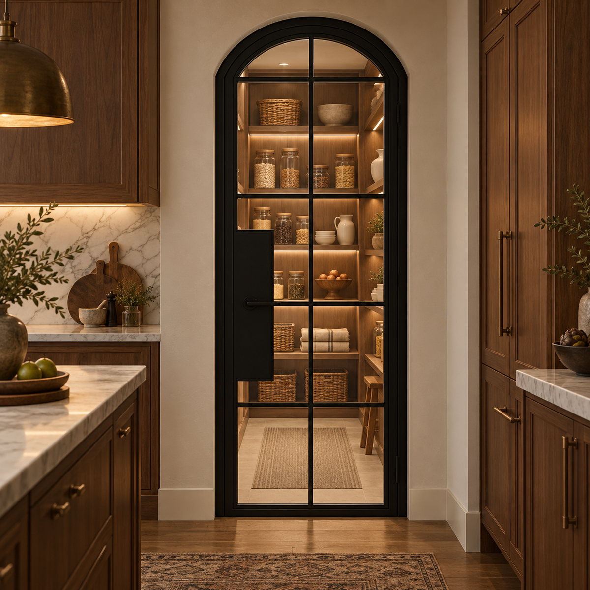 10 Lite Steel Pantry Arched Top French Door leading into an illuminated walnut pantry — product visualization