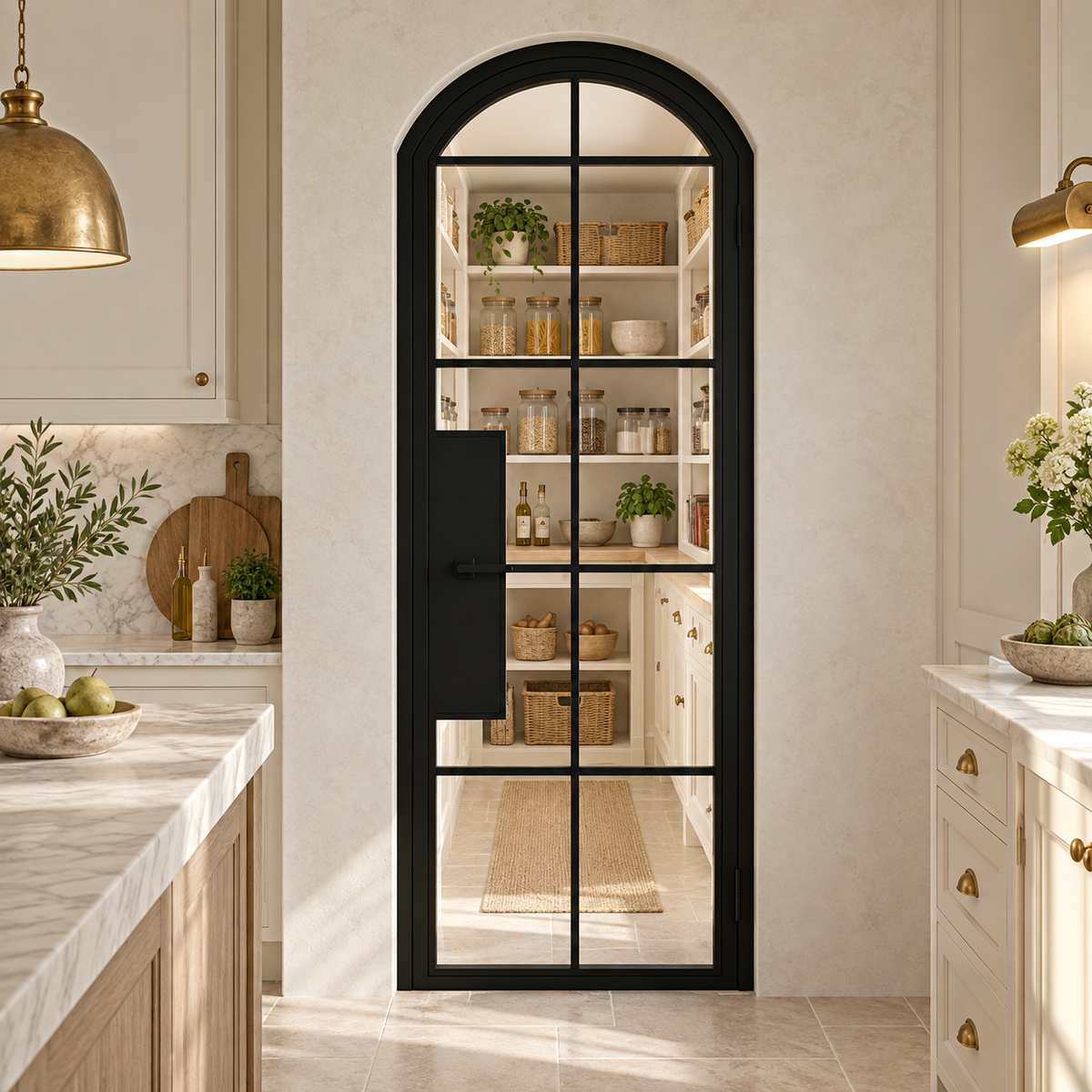 10 Lite Steel Pantry Arched Top French Door leading into a cream pantry from a limestone kitchen — product visualization