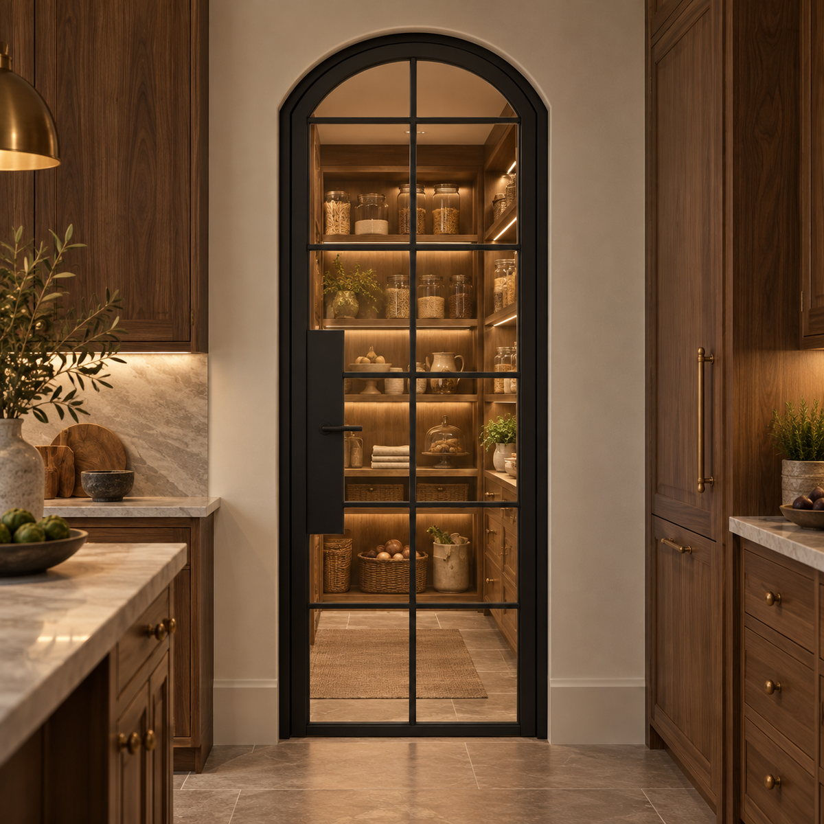 12 Lite Steel Pantry Arched Top French Door leading into an illuminated walnut pantry — product visualization