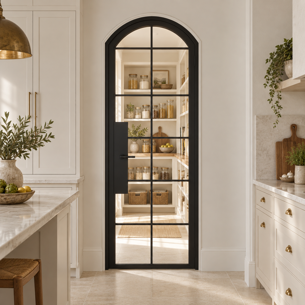12 Lite Steel Pantry Arched Top French Door leading into a cream pantry from a limestone kitchen — product visualization