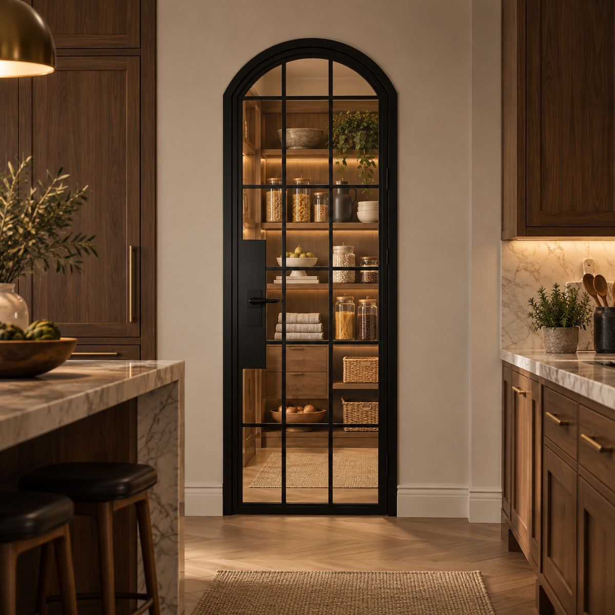 18 Lite Steel Pantry Arched Top French Door leading into an illuminated walnut pantry — product visualization