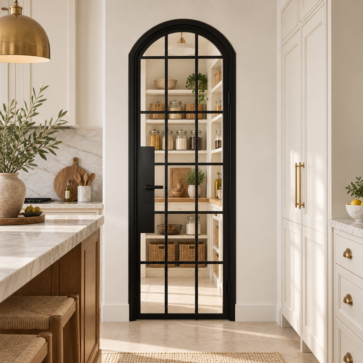 18 Lite Steel Pantry Arched Top French Door leading into a cream pantry from a limestone kitchen — product visualization