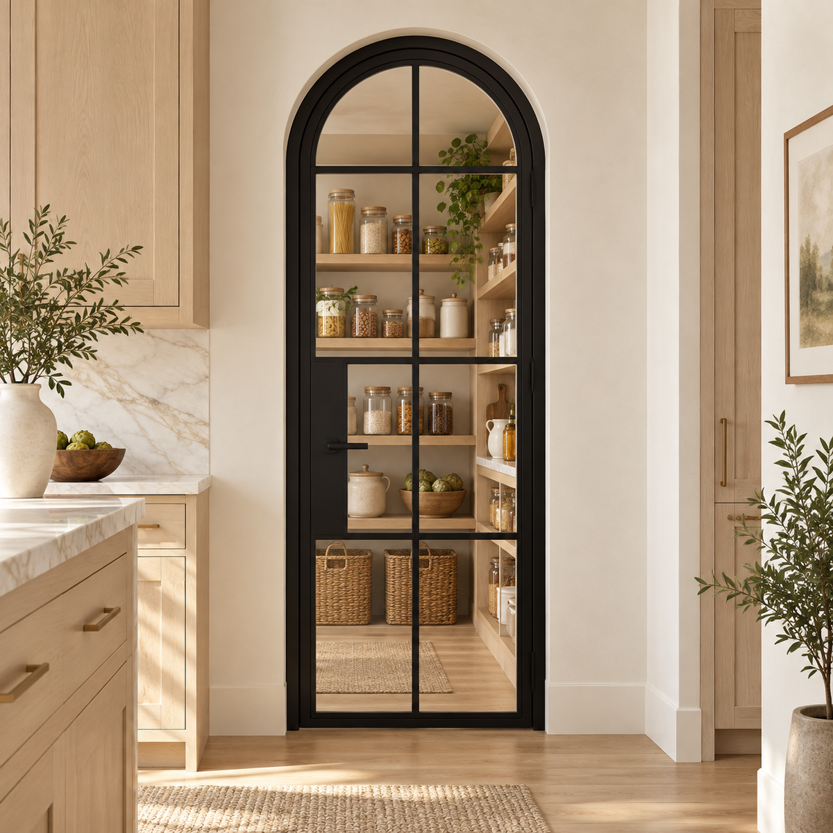 8 Lite Steel Pantry Round Top French Door leading into an oak pantry from an ivory kitchen — product visualization