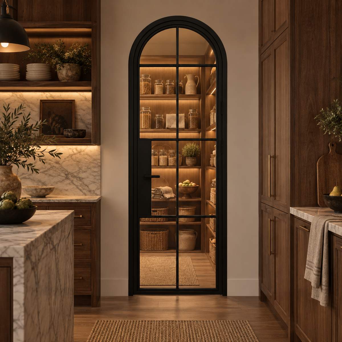 8 Lite Steel Pantry Round Top French Door leading into an illuminated walnut pantry — product visualization