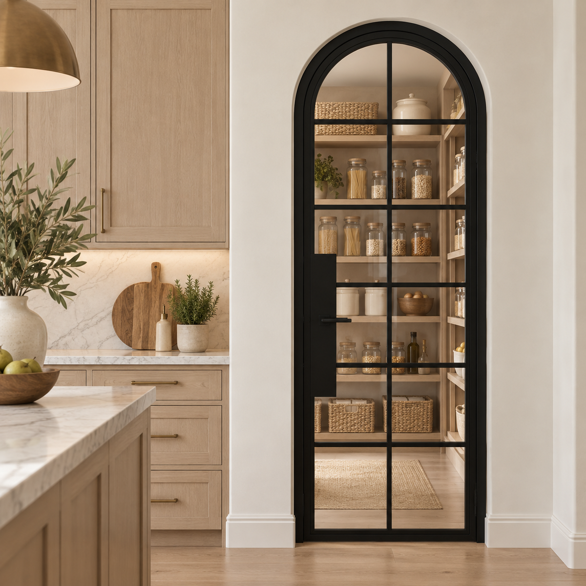 12 Lite Steel Pantry Round Top French Door leading into an oak pantry from an ivory kitchen — product visualization