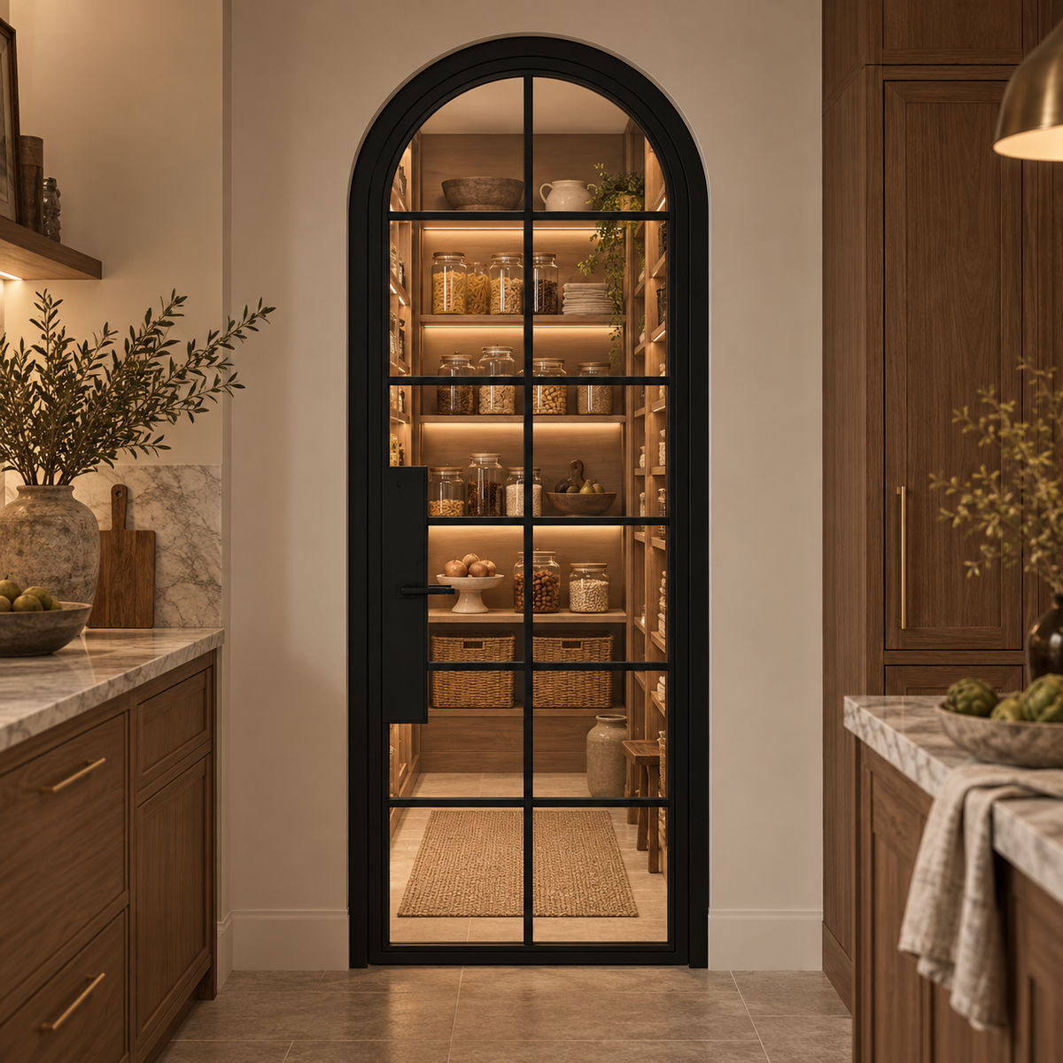 12 Lite Steel Pantry Round Top French Door leading into an illuminated walnut pantry — product visualization