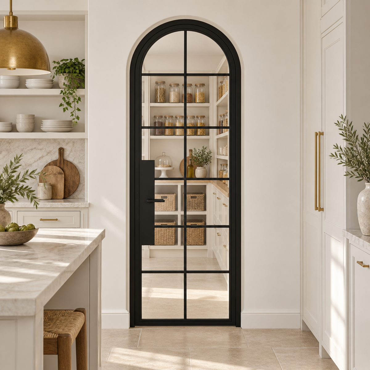 12 Lite Steel Pantry Round Top French Door leading into a cream pantry from a limestone kitchen — product visualization