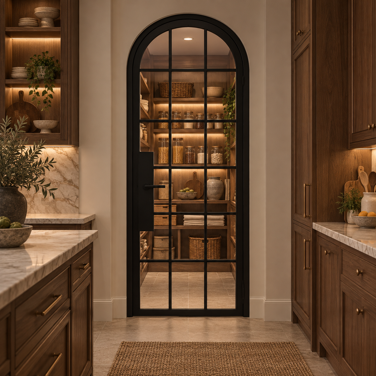 18 Lite Steel Pantry Round Top French Door leading into an illuminated walnut pantry — product visualization