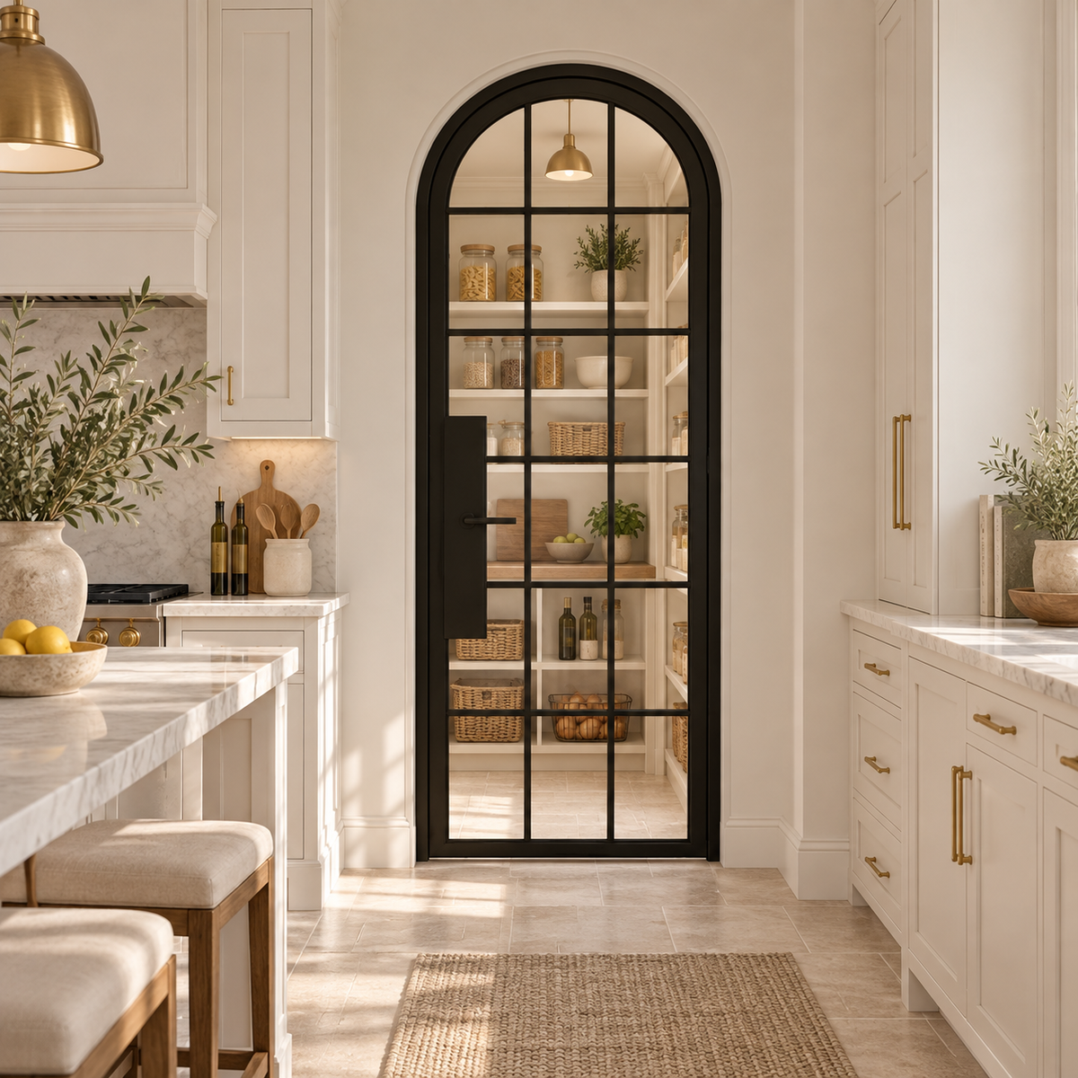 18 Lite Steel Pantry Round Top French Door leading into a cream pantry from a limestone kitchen — product visualization