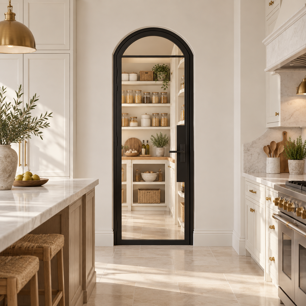 2 Lite Steel Pantry Arched Top French Door leading into a cream pantry from a limestone kitchen — product visualization