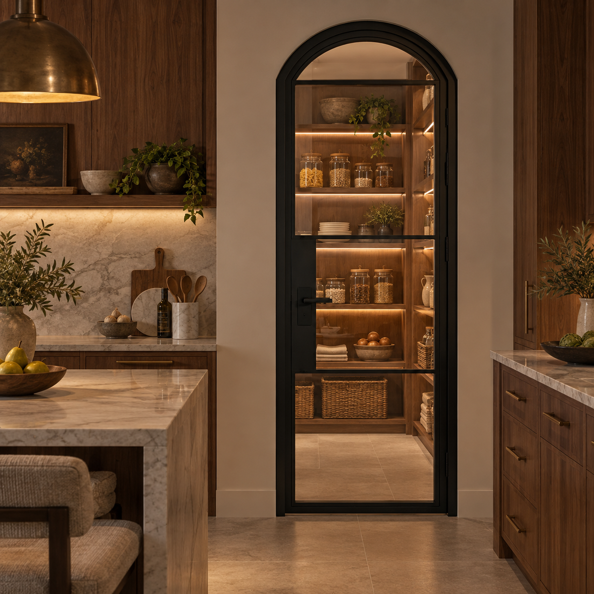4 Lite Steel Pantry Arched Top French Door leading into an illuminated walnut pantry — product visualization