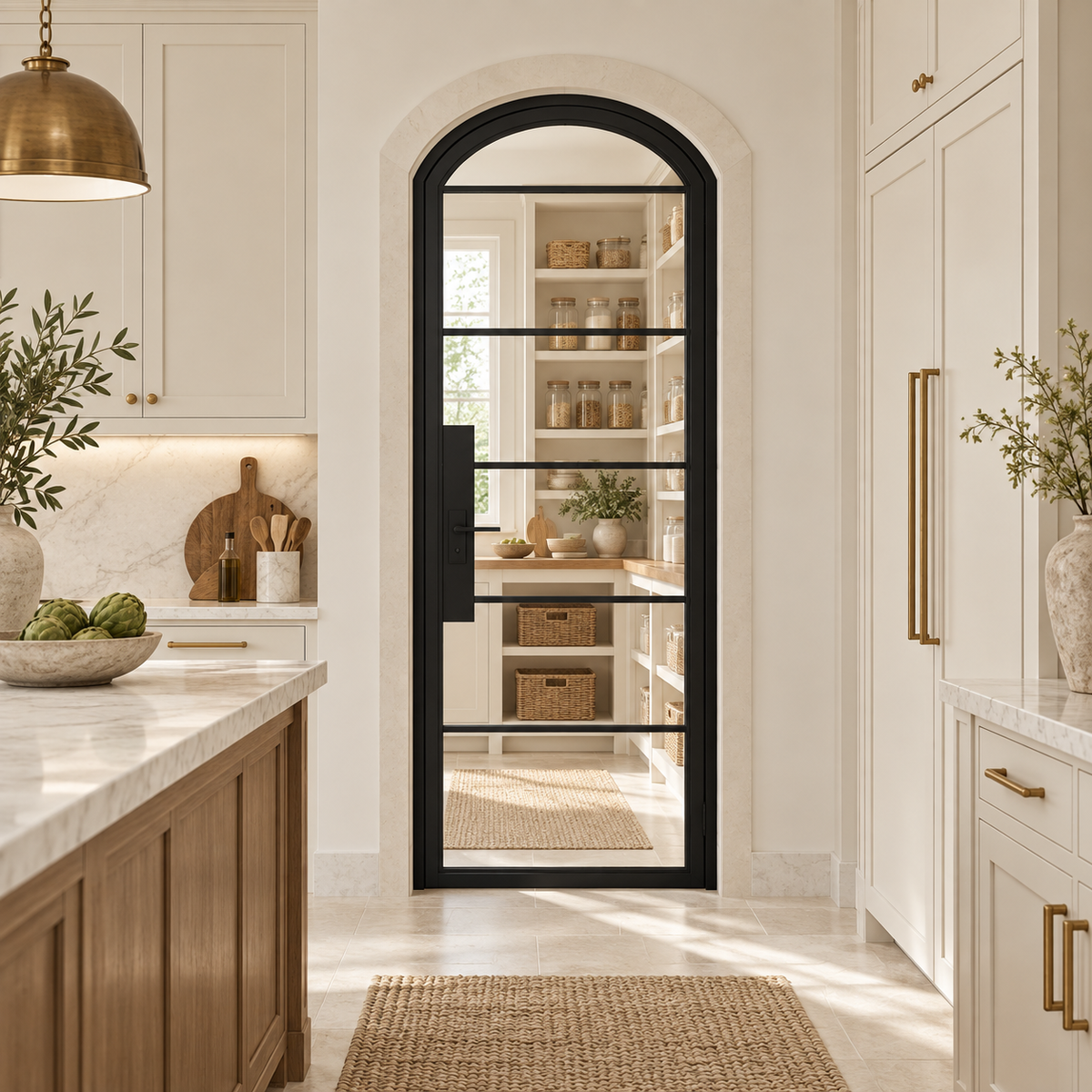 6 Lite Steel Pantry Arched Top French Door leading into a cream pantry from a limestone kitchen — product visualization
